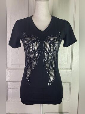 Y2K Platinum Plush LA Rhinestone Angel-Wing V-Neck Fitted Tee - Juniors Size - M